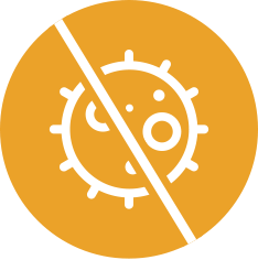No virus symbol: an orange circle with a white virus icon crossed by a diagonal slash, indicating prohibition or removal of the virus.