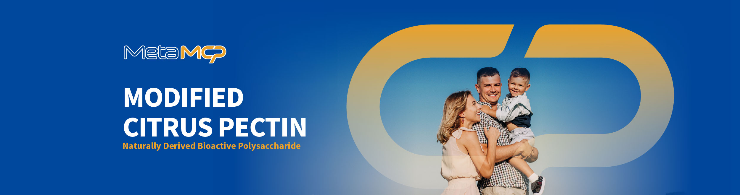Blue banner featuring the text 'Modified Citrus Pectin' with a smiling family on the right, over a gradient blue background.