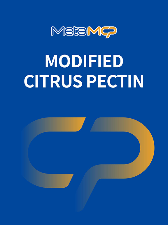 Brand label: MetaMCP logo at top, 'Modified Citrus Pectin' title, and a large gradient CP symbol on a blue background.